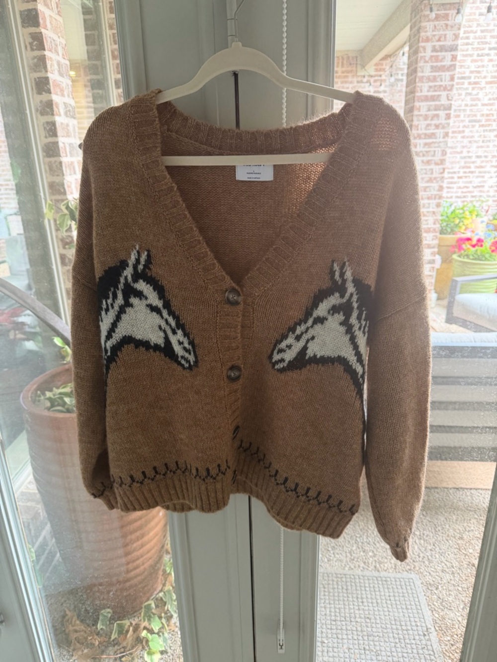 Old Navy Brown V-Neck Horse Intarsia Cardigan